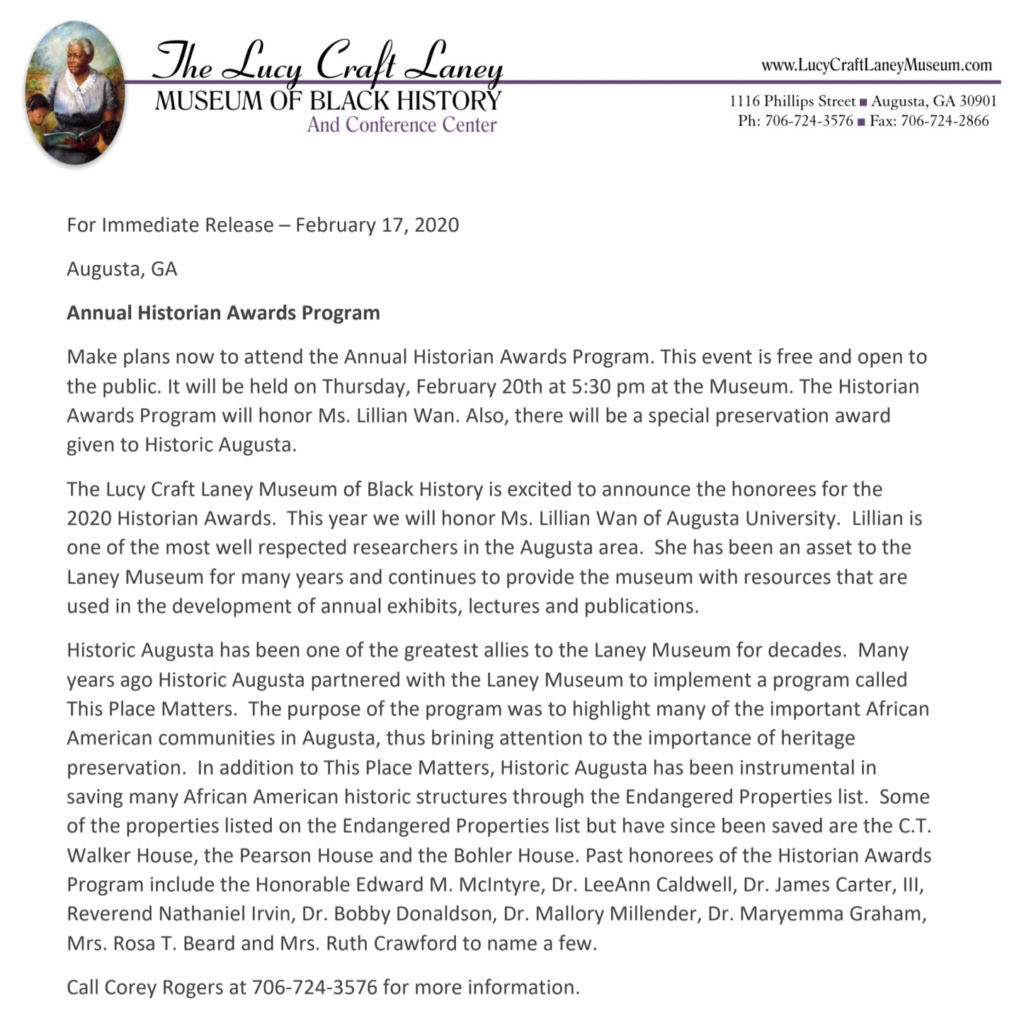 2020 Press Release from Corey Rogers,  the historian for the Lucy Craft Laney Museum of Black History. 